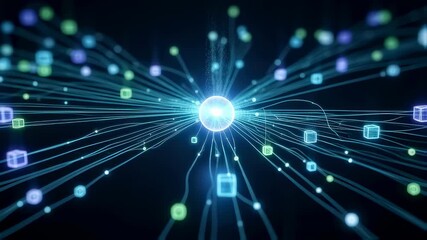 Abstract network with central data hub emitting vibrant lines to connected nodes. Digital information flow video footage.