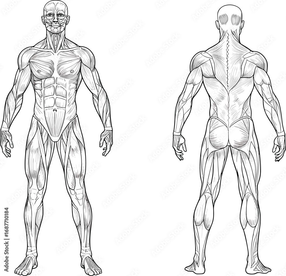 Human Muscular System Anatomy Vector Showing Front and Back Views of ...