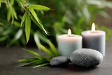 Spa setting with bamboo plants, candles, and smooth stones creating a calming atmosphere for relaxation
