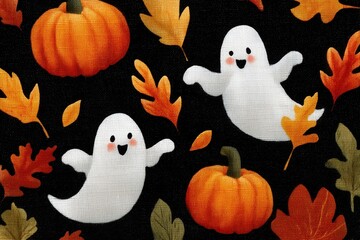 Wall Mural - halloween-themed design featuring cute ghosts and pumpkins on a black background with a leaves pattern fabric design Generative AI