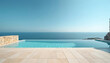 © miss irine - Calm ocean view from beige stone patio. Infinity pool with turquoise water under clear blue sky. Serene summer vacation scene, perfect for relaxation and travel inspiration. Minimalist elegant design.