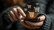 © cool graphic - Online Shopping Concept: Person Using Smartphone with Shopping Cart Icons.