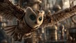 © Peindre - スチームパンク都市の上空を飛ぶ機械仕掛けのフクロウ | Mechanical Steampunk Owl Flying Over a City