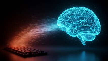 Glowing blue brain emanates from a keyboard with orange and blue light effects on a dark background