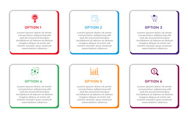  Business data visualization with colorful two side border | Infographic timeline business process with icon | 6 steps or option business diagram | Vector illustration