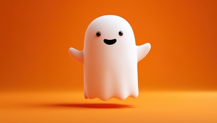 Wall Mural - 3d cartoon, a cute white ghost on an orange background, in a minimalist style Generative AI