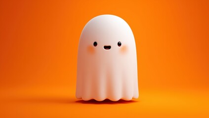 Wall Mural - a cute ghost on an orange background, in a minimalistic style with simple shapes and a white color a cute cartoon character, with a 3d rendering and cute animation style Generative AI