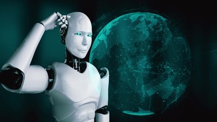 Wall Mural - thinking ai hominoid robot analyzing hologram screen shows concept of network global communication u