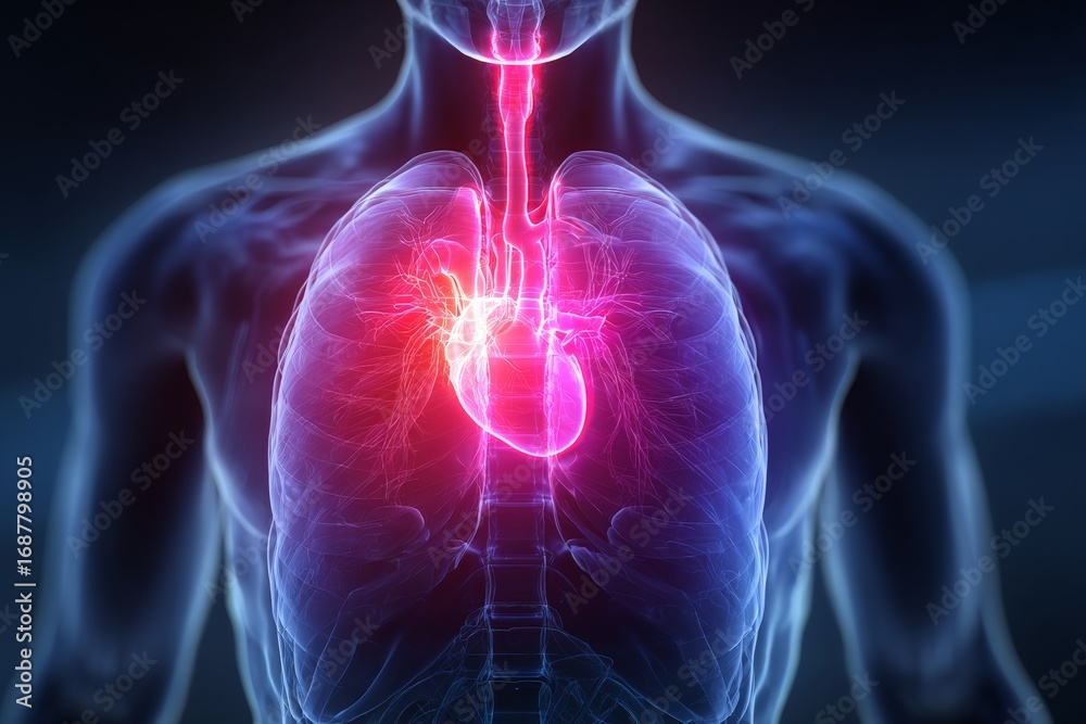 Photo Stock Heart and lungs in human anatomy with vibrant visualization ...