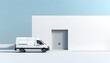 © miss irine - White delivery van parked outside modern building. Clean, minimalist illustration efficient logistics, transportation. White van parked beside contemporary architecture with pale blue sky backdrop.