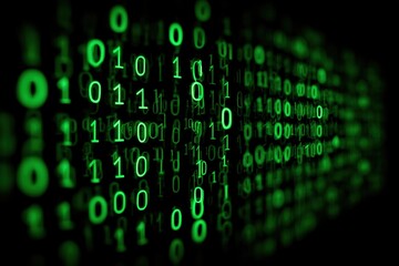 a background of green binary code on black, with the numbers one and zero falling across it in an en