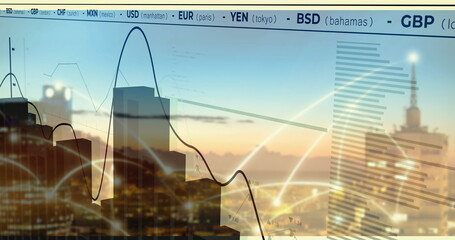 Wall Mural - Showing city skyline over water at dusk with currency ticker, line chart and network arc overlays