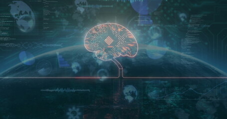 Wall Mural - hovering glowing brain circuit above digital earth globe in data network space, with data overlays