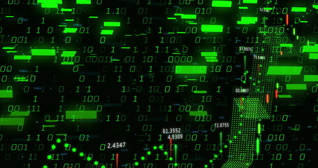 Wall Mural - displaying data display on screen with binary digits, green bars, numeric labels, dotted charts