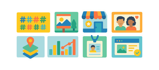 Social media, business flat icon set. networking, analytics icons collection