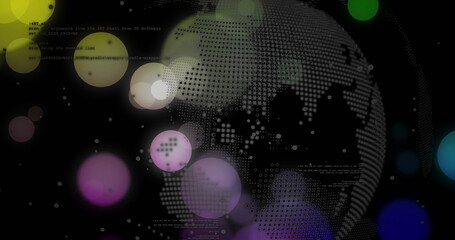 Wall Mural - Rotating dotted globe revolving in digital space, with colored orbs and code snippets, copy space