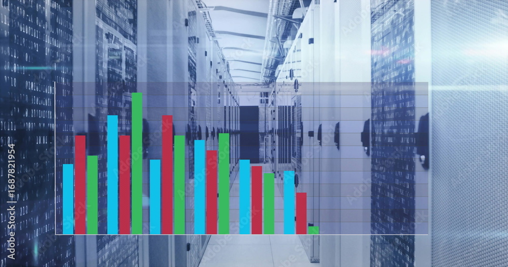 Ilustrace Displaying blinking LEDs and code on server rack corridor in ...