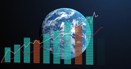 Wall Mural - Displaying Earth globe floating in space, with teal orange grid bars and white magenta line graphs