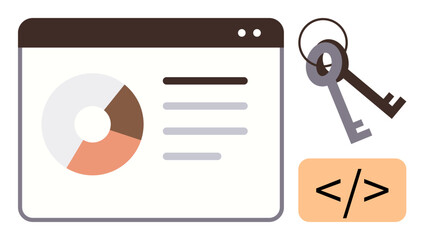 Browser window with pie chart and text lines, paired with keys and coding sign. Ideal for data privacy, web development, analytics, cybersecurity, authentication, programming, simple flat metaphor