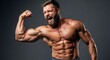 © ulum - Primal Power - Ripped Bearded Bodybuilder Roars While Flexing Bicep.