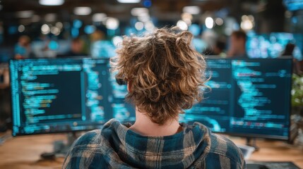 Young programmer intensely focused on complex code displayed across multiple monitors in a modern, bustling tech office environment