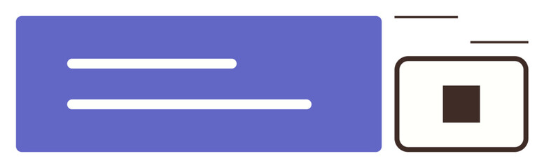 Two text lines on a blue panel next to a modern square button interface. Ideal for web design, UIUX, app development, simplicity, minimalism, interaction, and technology themes. Clean flat metaphor