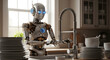© SilentPixels - Robot ai kitchen appliance futuristic technology automation domestic helper home service housework cleaning dishes sink faucet modern design artificial intelligence