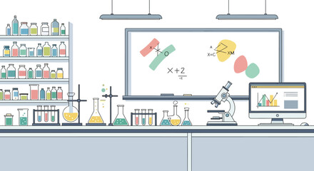 Illustration of a science lab with equipment, whiteboard, computer, and shelves filled with chemicals.