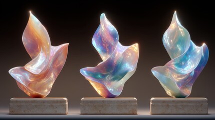 Three sculptures of colorful, abstract shapes are displayed on pedestals