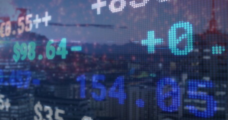 Wall Mural - Streaming translucent digital ticker over city skyline at dusk, with floating monetary values