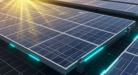 Solar panels array with sunlight shining on them, creating a bright, clean energy source for electricity generation.