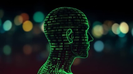 Digital Human Head Profile with Binary Code Displayed in Green on a Dark Background. 4k video