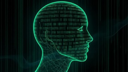 Digital Human Head Profile with Binary Code Displayed in Green on a Dark Background. 4k video