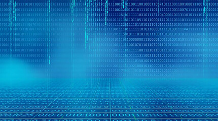 Blue digital background with binary code and data streams, representing technology and information flow