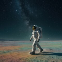 Wall Mural - Neon drenched moonwalk as solitary astronaut crosses iridescent regolith beneath sprawling galaxy and radiant nebulae in dreamy cinematic space exploration moment