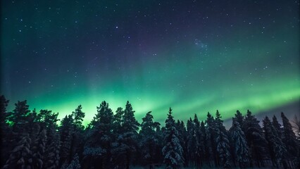 Wall Mural - This image is a mesmerizing photograph or artistic rendering of the Northern Lights in a winter landscape, likely in Finland.
