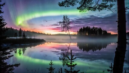 Wall Mural - This image is a mesmerizing photograph or artistic rendering of the Northern Lights in a winter landscape, likely in Finland.