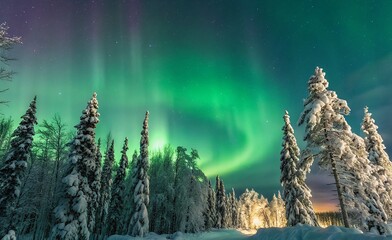 Wall Mural - This image is a mesmerizing photograph or artistic rendering of the Northern Lights in a winter landscape, likely in Finland.