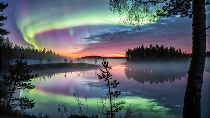 Wall Mural - This image is a mesmerizing photograph or artistic rendering of the Northern Lights in a winter landscape, likely in Finland.