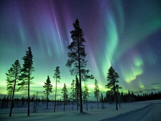 Wall Mural - This image is a mesmerizing photograph or artistic rendering of the Northern Lights in a winter landscape, likely in Finland.