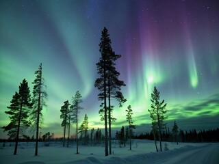 Wall Mural - This image is a mesmerizing photograph or artistic rendering of the Northern Lights in a winter landscape, likely in Finland.
