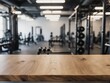© Innovative Image - blurred gym interior with empty wooden table in foreground | display, montage, product, fitness, lifestyle theme