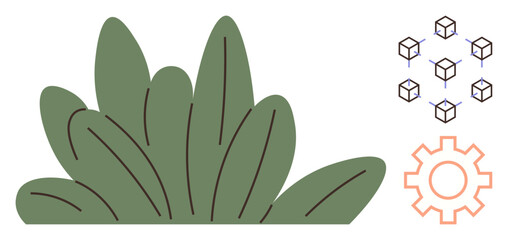 Wall Mural - Green leafy plants symbolize nature. Cubes connected in a network suggest technology, systems and blockchain. Orange gear emphasizes innovation and progress. Ideal for sustainability, innovation