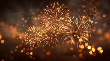 Spectacular golden fireworks exploding in the night sky with bokeh lights