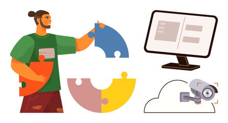Wall Mural - Man holding and connecting puzzle pieces, cloud with security camera, and computer screen. Ideal for teamwork, technology, data management, collaboration, strategy security problem-solving. Simple