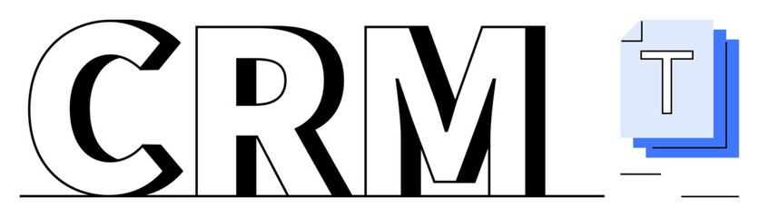 CRM text styled with bold outlines, a layered blue and white T symbol, suggesting structure and data organization. Ideal for customer management, business process, communication, organization
