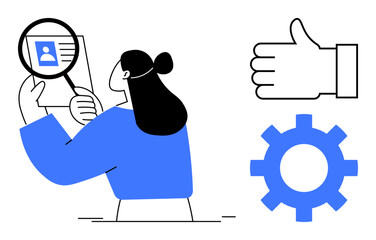 Wall Mural - Woman examining a profile with magnifying glass, gear symbol representing process, and thumbs-up for approval. Ideal for recruitment, management, teamwork, evaluation, analytics, HR simple landing