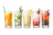 © RONY - Watercolor illustration of refreshing assortment of five tall cocktails with ice and garnishes on a transparent background
