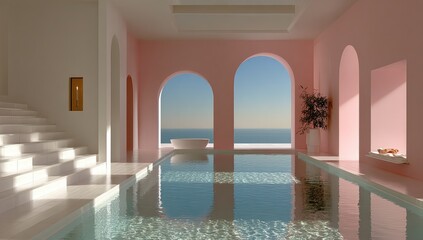 Wall Mural - Modern, airy pool house with pink accents