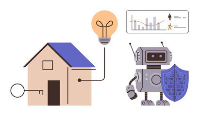 Wall Mural - House with connected light bulb and key, robot with a digital shield, and data panel highlighting security and analytics. Ideal for smart technology, home automation, AI usage, cybersecurity, energy